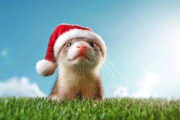 Obraz premium Adorable Ferret Wearing a Santa Hat Sitting in a Grassy Field