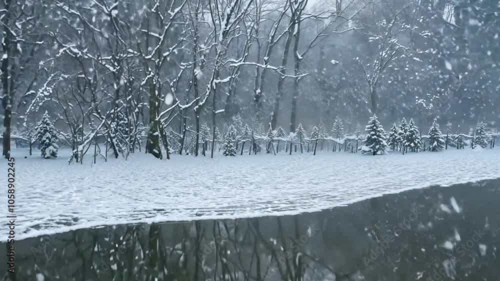 Poster snowy forest with bare trees reflected in a calm pond.