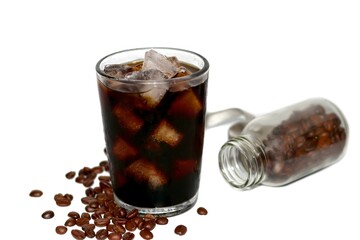 Ice Americano coffee serving with coffee beans spread on white background, isolate concept.