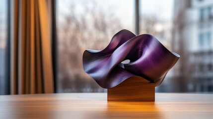 A dynamic sculpture with captivating color transition from purple to dark hues, reflecting warmly as it rests on a wooden base against a scenic background.