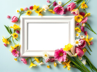 Spring flowers arranged in a decorative frame against a vibrant blue background, showcasing nature's beauty.