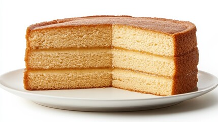 Layered vanilla sponge cake with cream filling on white plate