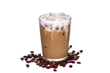 Latte ice coffee serving on white background, coffee beans spread around glass,isolate concept.