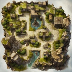 Fototapeta premium Aerial view of a fantasy landscape featuring ancient ruins, a winding river, lush greenery, and a central fountain, Ideal for game design, artwork, or concept illustrations,