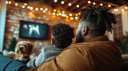Fototapeta na wymiar A father and son are cuddled on a cozy couch with a playful dog, watching TV in a warmly lit room, depicting a heartwarming moment of family bonding.