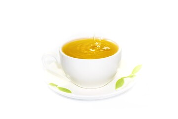 Pictures of hot tea serving on white background, isolate photo style.