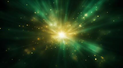 Fototapeta premium Asymmetric Green Light Burst with Golden Sparkling Rays on Dark Green Background