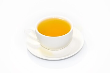 Ready for drink of hot tea serving on white background, isolate photo style.