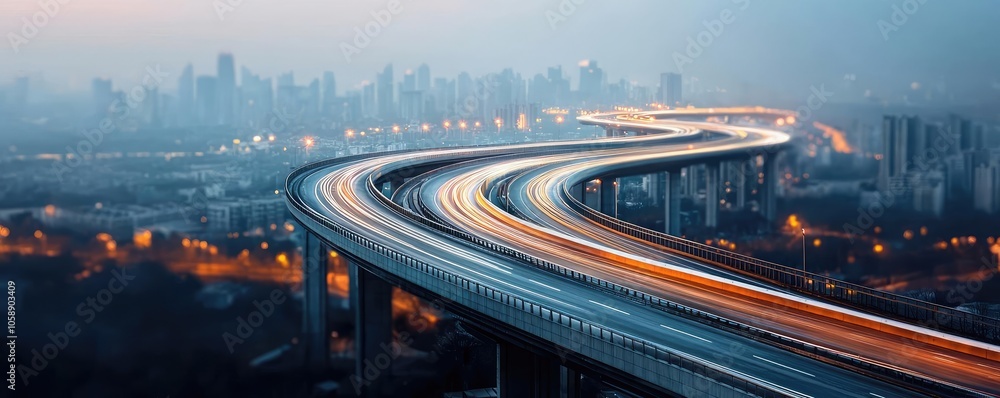 Poster winding highway with city skyline in the background at twilight.
