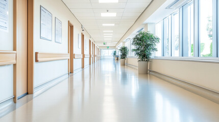 Modern hospital corridor with signs leading to various departments 