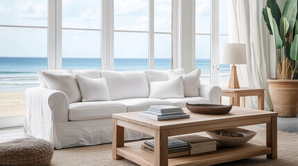 Fototapeta premium Interior design of modern beachside living room with ocean view and natural decor 