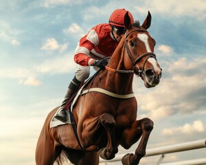 Horse and Jockey Jumping Over a Steeple Hurdle