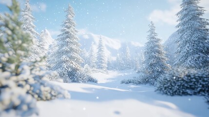 Naklejka premium Snowy Winter Landscape with Evergreen Trees
