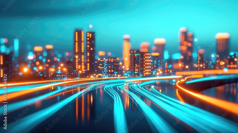 Poster abstract cityscape with illuminated skyscrapers and light trails at night.