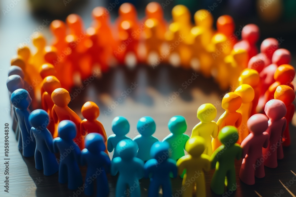 Poster a circular arrangement of colorful figurines representing diversity and unity in a creative and visu