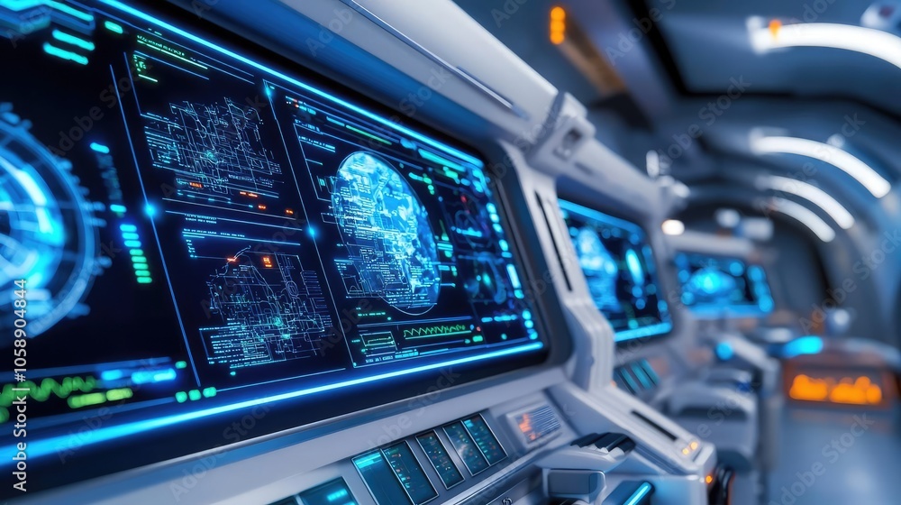Poster futuristic control panels with glowing screens in a sci-fi environment.