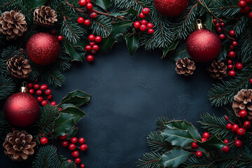 Festive Christmas frame with red ornaments, holly leaves, pine branches, and pinecones on a dark background. Concept of holiday decoration, winter celebration, and seasonal festivity.