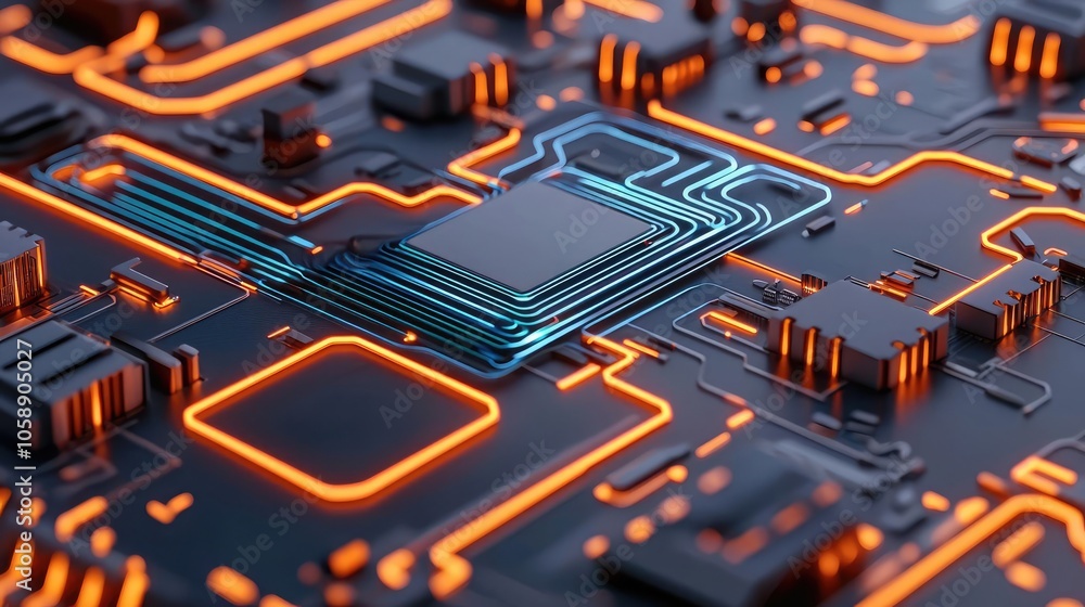Aufkleber close-up view of a circuit board with glowing orange traces and chips