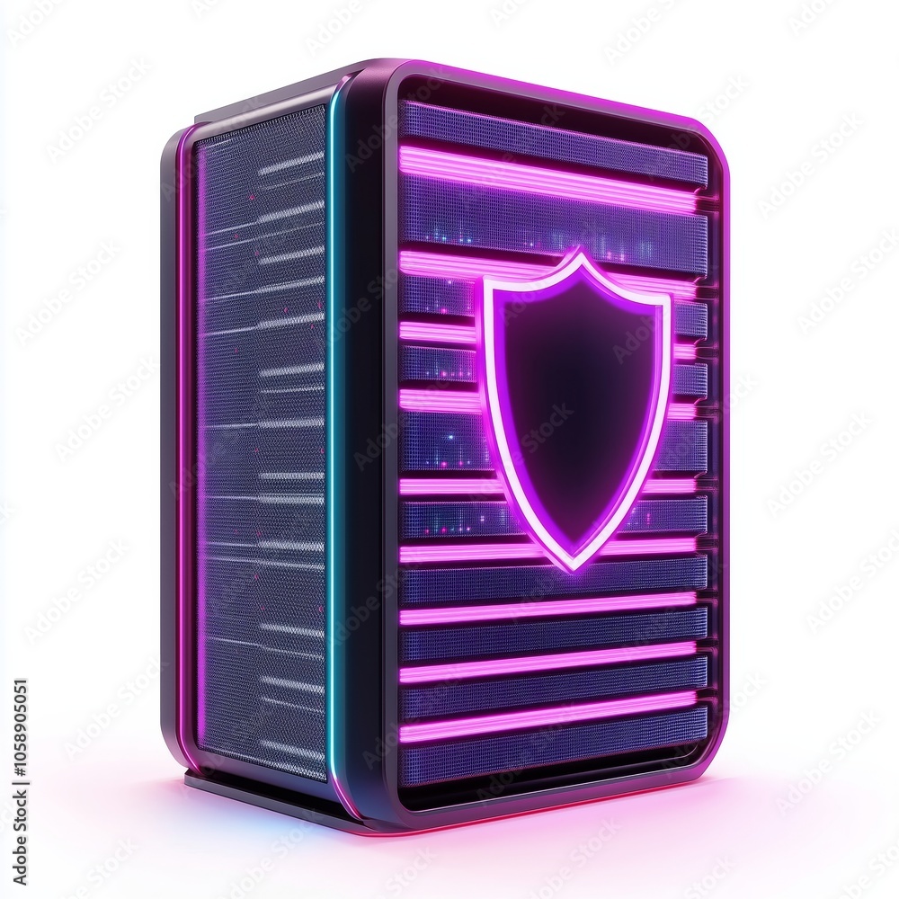 Poster a high-tech server with a shield icon, representing data security and protection, isolated on a whit