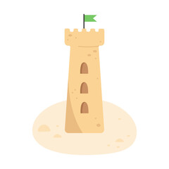Sandcastle with flag on the beach in flat style