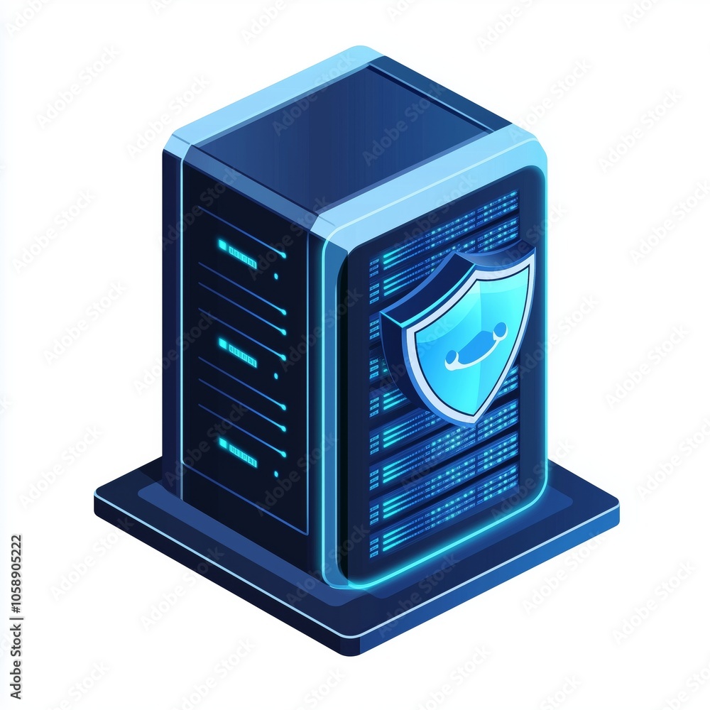 Poster a high-tech server with a shield icon, representing data security and protection, isolated on a whit