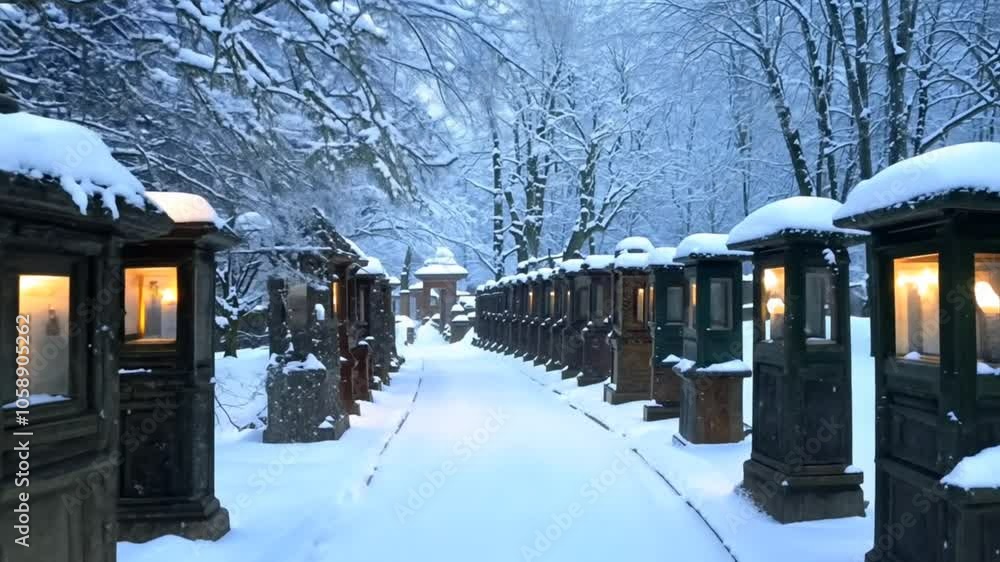 Poster snowy path lined with wooden structures containing lit candles.