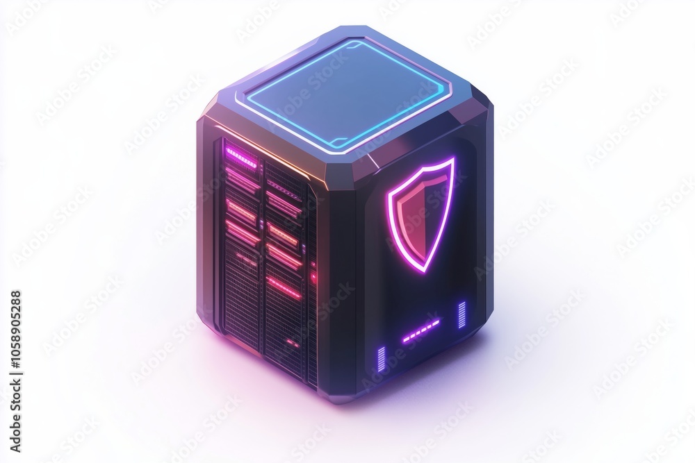 Poster a high-tech server with a shield icon, representing data security and protection, isolated on a whit