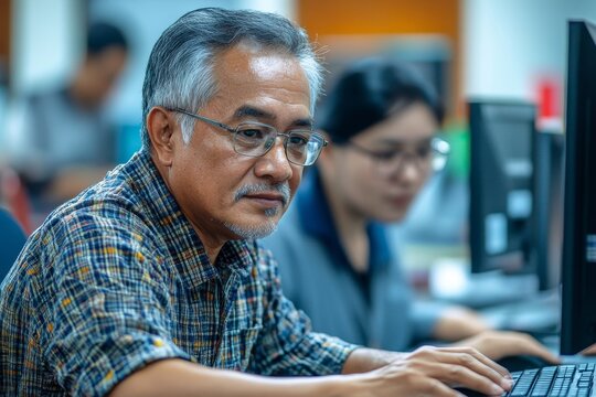 business improve skill training, Instructor mentor explaining procedure of program computer to senior worker in classroom, Generative AI