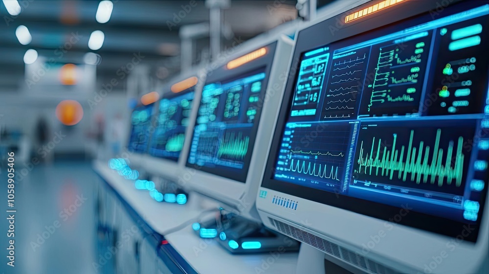 Poster high-tech medical monitors displaying vital health data in a clinical setting.