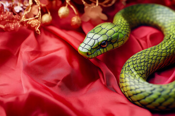 Fototapeta premium Green snake elegantly coiled on luxurious red fabric