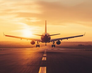 Fototapeta premium Jet Airliner Ascending from Sunlit Runway at Sunset