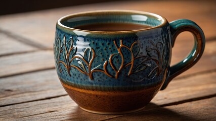 A close-up of a handcrafted ceramic mug with a warm, rustic design, featuring unique glazing and texture, perfect for cozy drinks on a chilly day