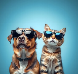 Cool companions: a funny moment with a dog and a cat in sunglasses.