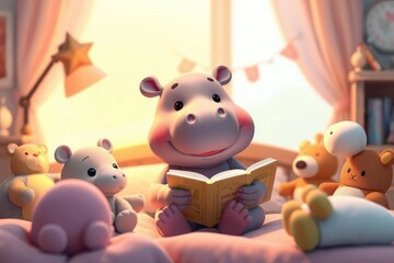 Obraz premium Cute Hippo Reading a Book in a Cozy Room