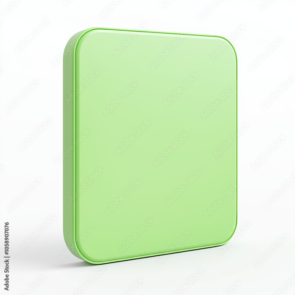 Poster blank mobile application icon, button - green square with round corners. 3d rendering, white backgro