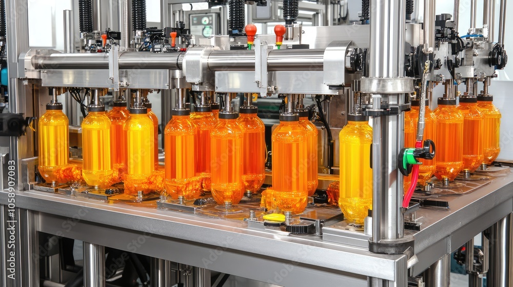 Poster automated filling line with orange bottles in factory