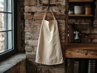 Minimalist apron hanging on a brick wall in a cozy kitchen setting.