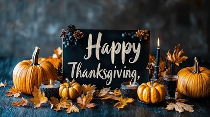 Happy Thanksgiving Indoor Decoration with Pumpkins, Candles, and Fall Leaves