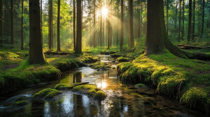 Obraz premium Sunlit Forest Stream with Mossy Banks