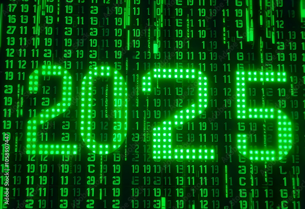 Poster digital matrix grid with the numbers “2025” appearing in bright green