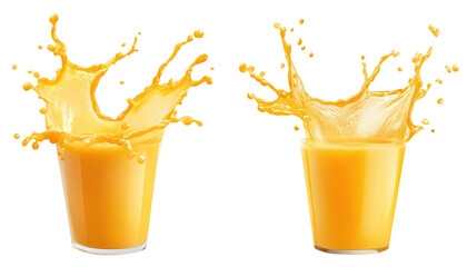 Splashes of very fresh orange juice in a glass. transparent background