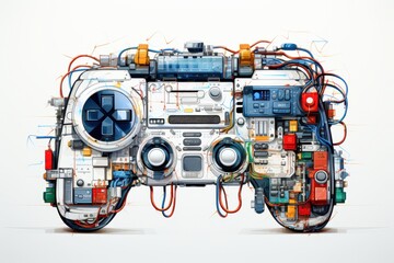 A creatively designed gaming controller composed of intricate electronic components, perfect for tech and gaming blogs, advertisement campaigns, and digital art projects