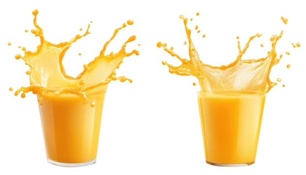 Splashes of very fresh orange juice in a glass. transparent background