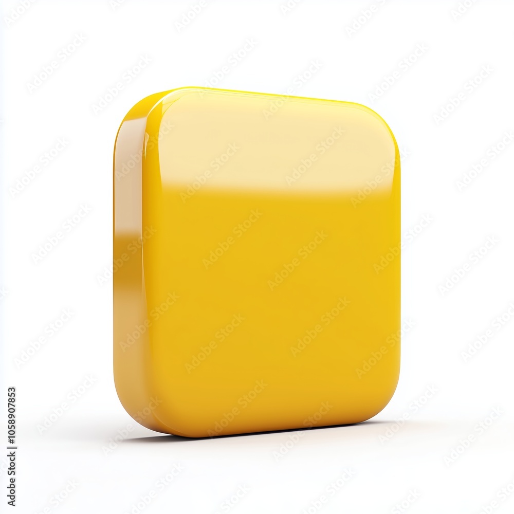 Aufkleber blank mobile application icon, button - yellow square with round corners. 3d rendering, white backgr