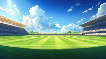 Vibrant Soccer Field Under Blue Sky with Clouds