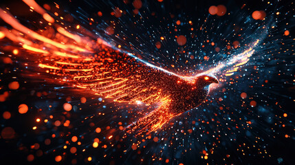 glowing hawk soaring through cosmic space filled with vibrant particles, showcasing stunning display of light and color