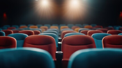 A theater is shown empty with rows of colorful patterned seats bathed in soft lighting, depicting a tranquil yet expectant atmosphere awaiting an audience.