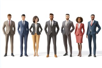 Cartoon avatars of diverse business people in various suits on a white background, concept of HR diversity. 3D Rendering
