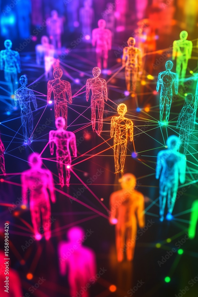 Poster colorful figures connected by lines illustrating social media networks and interactions