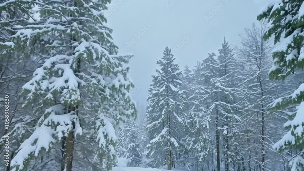 Poster Snowy forest with tall pine trees and a path.